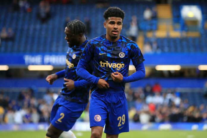 Ian Maatsen of Chelsea warming up prior to kick off during the EFL Carabao Cup Second Round South match between Chelsea